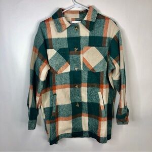 Shacket jade green and coral plaid long sleeve button down XS